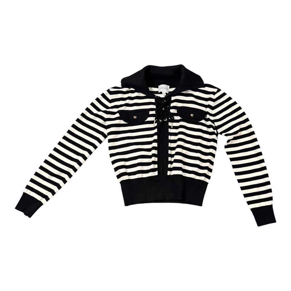 Pink Rose Striped Lace Up Cropped Sweater Black White Nautical Collared XS 711